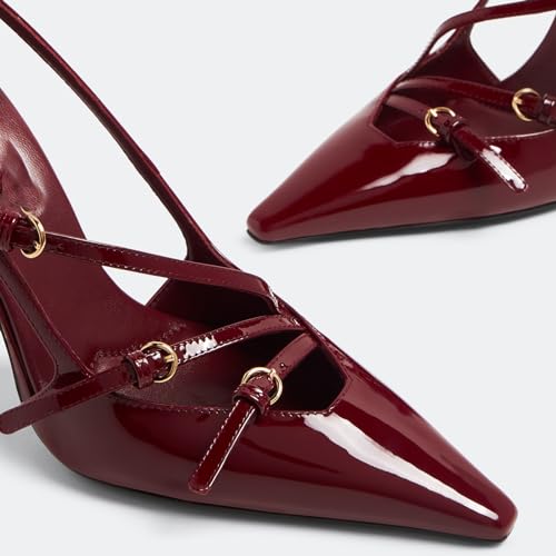 YIYA Cherry Red Slingback Kitten Heel for Women with Buckle Strap Closed Pointed Toe Burgundy Stiletto High Heels Backless Slip On Pumps Sandals4