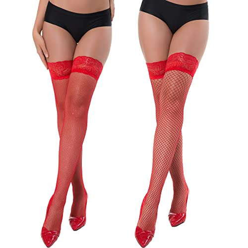 Image of SOUTHRO Fishnet Thigh High Stockings for Women 2 Pairs, Lace Top Stay Up | 2 Styles in 1 Pack: Medium & Fine Mesh; Soft Nylon, Non-Slip Silicone Band; Garter Belt Compatible for Lingerie & Cosplay