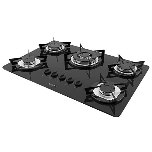 COOKTOP FOGATTI 5 BOCAS TRIPLA CHAMA MESA VIDRO - PRETO FLANGE INOX