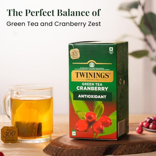 Image of Twinings Green Tea Cranberry, 25 Tea Bags| Pack of 1| Perfectly Balanced & Refreshing Taste| Zingy Sharpness of Cranberry with Golden | Handpicked Green Tea Leaves| Enjoy a Hot Cup of Tea