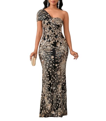 Image of Cololura Women Sexy Sequin One Shoulder Mermaid Formal Party Cocktail Gowns Bodycon Evening Maxi Dress
