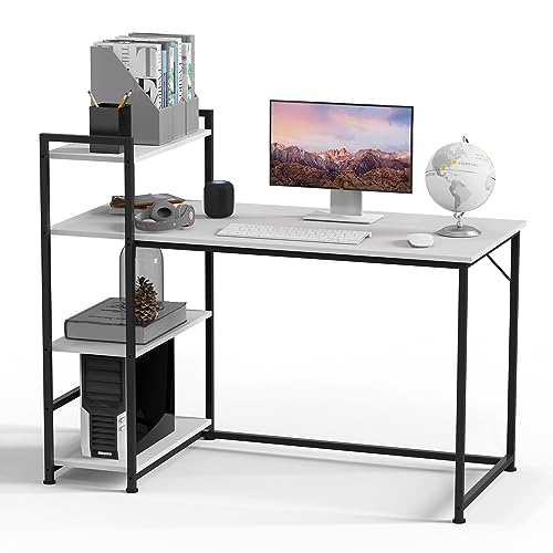 SANODESK FD5 Escritorio Gaming para Ordenador, 140x60x100cm, con Estantería de Almacenamiento de 4 Niveles, Escritorio de Juegos para Oficina en casa (Blanco)