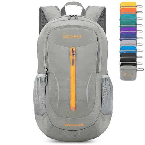 Image of ZOMAKE Ultra Lightweight Packable Backpack 25L, Foldable Hiking Backpacks Water Resistant Small Folding Daypack for Travel(Silver Grey with Orange Zipper)