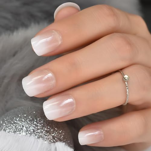 Ombre French Press On Nails Short - IKISKT Fashion Acrylic False Nails, Glue On Nails with Glue Sticker,Fit Perfectly & Natural Stick On Nails - 24PCS Soft UV Gel Fake Nails Kit, Gradient White