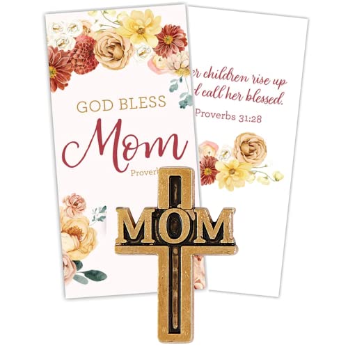 Image of Needzo Gold Tone God Bless Mom Cross-Shaped Lapel Pin with Prayer Card, Womens Cross Pins, Religious Mother's Gifts for Christian Moms, Grandmas, Aunts, and More, 1 Inch