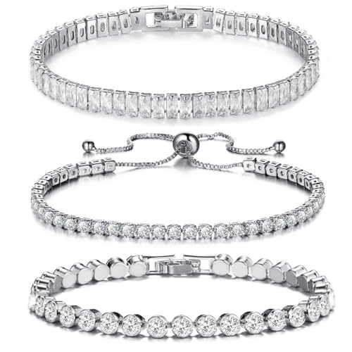 3Pcs Silver Tennis Bracelet Set Cubic Zirconia Adjustable Bracelet Silver Bracelets For Women Wedding Jewelry Gift