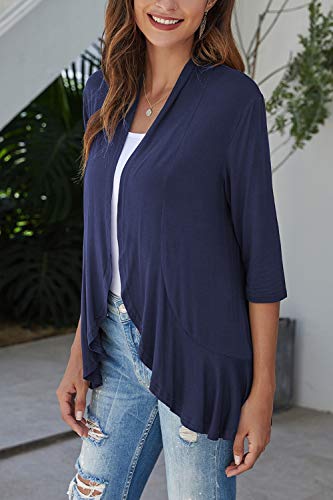 Image of Bluetime Women Casual Lightweight Open Front Cardigans Soft Draped Ruffles 3 /4 Sleeve Cardigan (S-3XL)