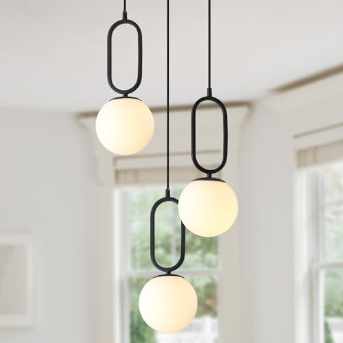Image of 3-Light Mid Century Modern Pendant Lights Fixture with White Glass Globe Shade Vintage Black Hanging Light Retro Industrial Pendant Light for Bedroom Living Dining Room