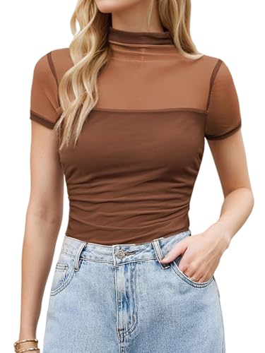 Jenbou Mesh Top Women Mock Turtleneck Short Sleeve Tops Ruched Sexy Going Out Outfit Shirts