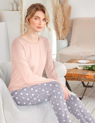 Image of Ekouaer 2 Pack Pajama Sets for Women,Long Sleeve Top Jogger Pant Loungewear | Winter Pyjama,Round Neck Sleepwear,Side Pocket Warm Pjs,4 Pieces Cozy Lounge Set,Elastic Waistband,Ankle Cuffs,Christmas Gift