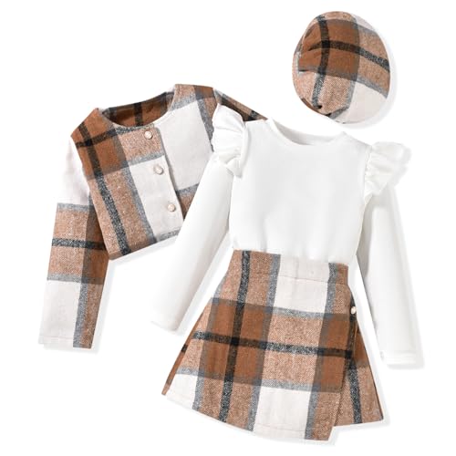 Image of HINTINA Toddler Girl 4 Pieces Outfits Ruffles Long Sleeve Tops Plaid Skirt Jacket And Hat Fall Winter Clothes Set