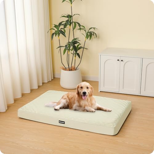HMTOPE Orthopädisches Hundebett, 10cm Dicke Hundekissen für Mittelgroße Hunde, Grosse Hunde, Abnehmbar und Waschbar Hundematte, rutschfeste Unterseite, Wasserdichtes Innenfutter, 112 cm, Beige
