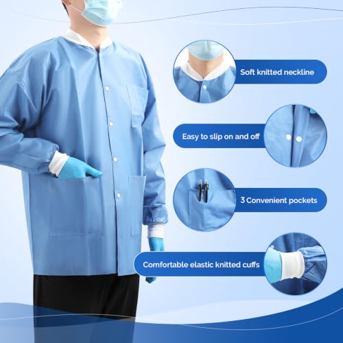 Image of JMU 10-100 Pack Disposable Lab Coats, SMS Disposable Medical Jackets | Disposable Lab Coats for Men and Women, Knit Cuffs Collar, 3 Pockets
