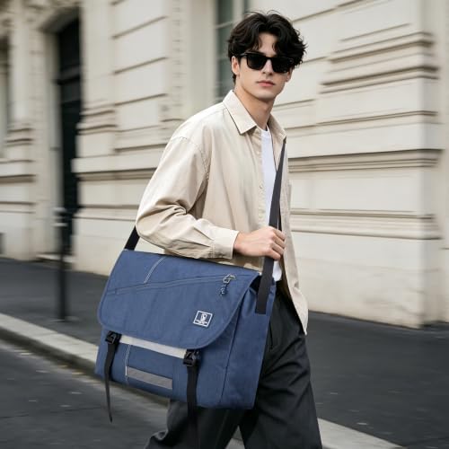Image of 17 Inch Messenger Bag for Men, Laptop Crossbody Bags Women, Blue | Crossbody Bags Women Casual Satchel Shoulder Bag Briefcase with Bottle Pocket & Reflective strips for Travel Office Commuting