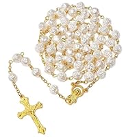 Guyode Collar Católico de Cuentas Collares Oración Sagrada con Colgante Crucifijo Medalla Cruz Collares Largos Rosarios Religiosos, Rosario de Perlas Blancas para Cristianos Católicos Comunión