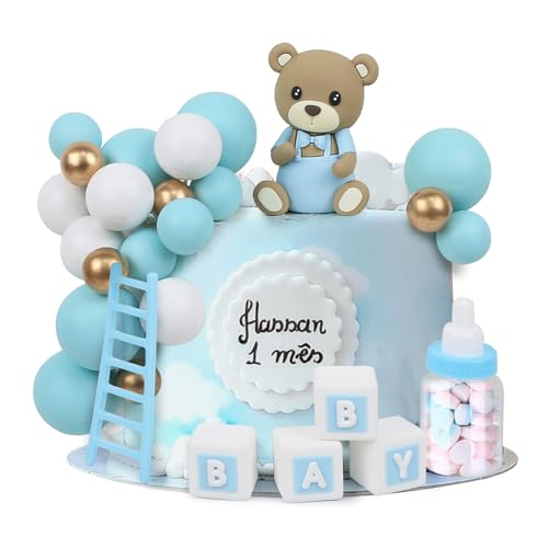 LARDUX 24 Stück Baby Dusche Kuchen Dekorationen, Teddybär Kuchen Dekoration DIY Kuchen für Baby Junge Mädchen Geburtstag Party Bär Baby Dusche Dekor - Blau