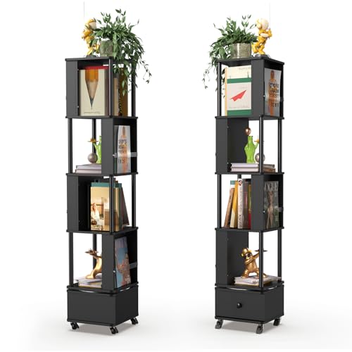 ybaymy Estantería giratoria de 360°, estantería giratoria de 4 niveles, estantería de pie para niños, estantería de madera negra, estante de esquina alta, estante giratorio para dormitorio, sala de