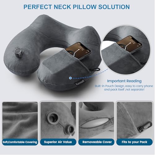 Image of Keemall Inflatable Travel Air Pillow - Ergonomic U-Shape Neck Pillow for Airplane, Train & Bus Travel, Soft Velvet Fabric for Long Journey Comfort, Lightweight & Compact, Neck Pain Relief