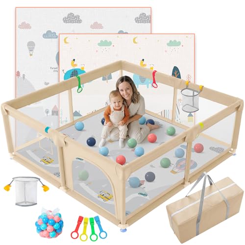 JUPPLIES Parque Infantil Bebe 120x120cm + Alfombra Bebe + Agarraderas + Canasta + 50 Bolas + Bolsas de Transporte | Corralito Bebe con Malla Transpirable (Beige)