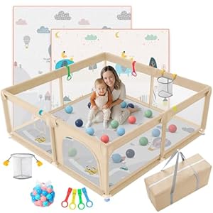 JUPPLIES Parque Infantil Bebe 120x120cm + Alfombra Bebe + Agarraderas + Canasta + 50 Bolas + Bolsas de Transporte | Corralito Bebe con Malla Transpirable (Beige)