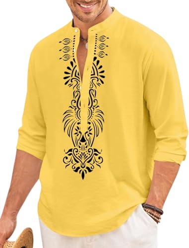 Image of FINIVO FASHION Men's Cotton Blend Short Kurta with Bold Printed Front Design | Full Sleeve Ethnic Casual Kurta with Mandarin Collar | Artistic Festival & Travel Wear for Modern Ethnic Style