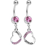 Body Candy Stainless Steel Rosy Pink Accent Best and Friends Matching Heart Dangle Belly Ring Set