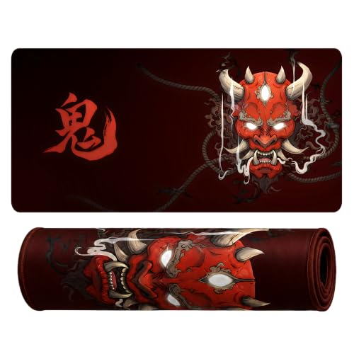 Image of Extended Desk Mat 458 x 915 mm | Premium Abstract Purple Desk Mat with Stitched Edges | 3mm Thick Non-Slip Desk Pad for Gaming, Office & Workstation (Oni - Red)
