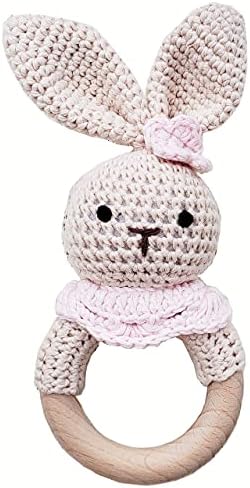 Natural Crochet Teether Toy Rattle for Baby Forest Friends Handmade Amigurumi Crochet Bunny Deer Fox on Natural Wooden Teething Ring Rattle Natural Baby Toys (Girl Bunny)