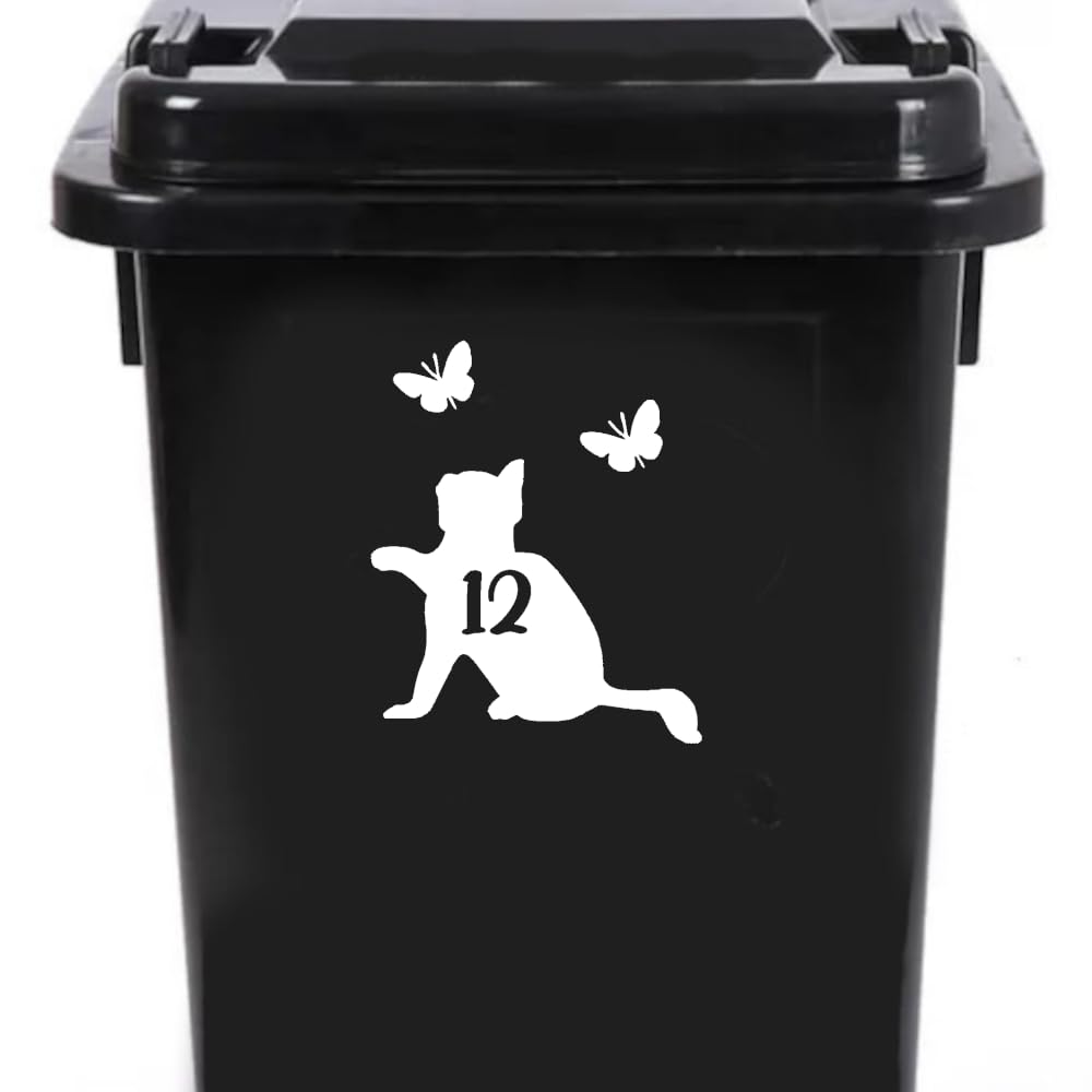 Cute Cat Chasing Butterflies Waterproof Wheelie Bin Stickers, Vinyl Material, Gifts for Cat Lovers