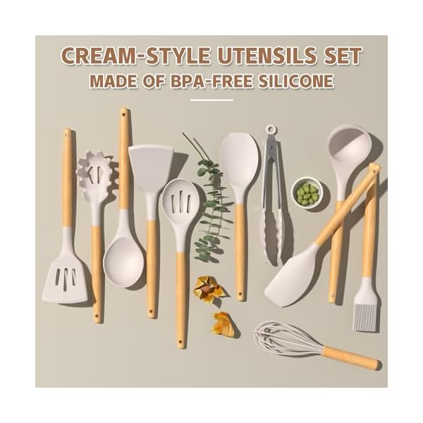 Umite Chef Kitchen Cooking Utensils Set, 33 pcs Non-Stick Silicone Cooking Kitchen Utensils Spatula Set with Holder, Wood Deal with Silicone Kitchen Devices Utensil Set (Khaki) - Image 5