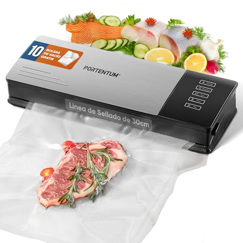 PORTENTUM Envasadora al vacío con 10 bolsas gratis. Máquina envasadora al vacio domestica - Selladora de alimentos con succión extra fuerte y acabado en acero inoxidable