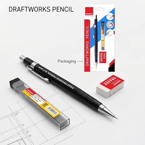 Image of Isomars Draftex Mechanical Pencil 0.7mm (2B) Black with 10 Extra Leads & Eraser | Drafting Pencil for Technical Drawing, Sketching, Engineering, Architecture & Writing