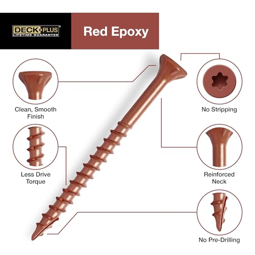 Image of Deck Plus 2-1 /2 Inch Epoxy Coated Exterior Wood and Fence Screws #10 x 2-1 /2 inch Torx /Star Drive Included Coarse Thread, Outdoor Rust Resistant Decking Screw, Red, 1lb Box, 73 Pieces | 48429