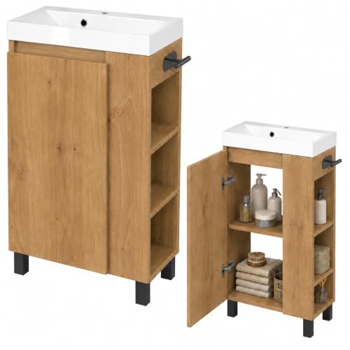 paplinskimoebel - Vasque avec Meuble sous Lavabo SEVA, 46 cm de Largeur, Meuble Lavabo sur Pied ou Suspendu, Ensemble de Meubles de Salle de Bain, avec Porte-Papier Toilette - Chêne Lancelot