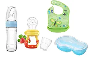 GIlli Shopee Baby Food Feeder Silicone Spoon Bottle for Baby Feeding 120ml (Blue) & Baby Food Nibbler for Fruit & Baby Food Mashing Serve Bowl Set with Spoon & Baby Bibs with Food Catching Pocket