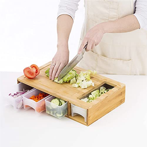 Bamboo Cutting Board With 4 Containers, Large Chopping Board With Juice Grooves, Easy-Grip Handles & Food Sliding Opening, Carving Board With Trays For Food Storage, Transport And Cleanup #TOP3
