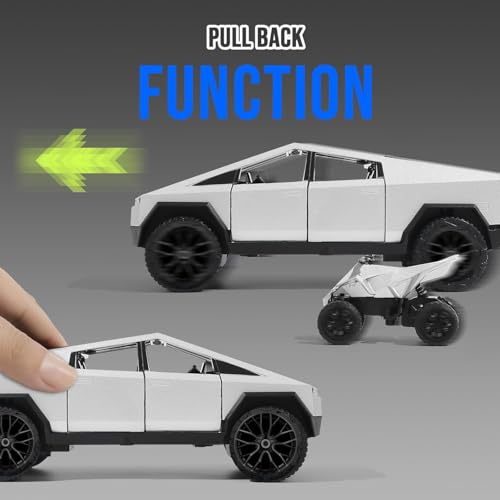 Image of 1:32 Scale Die-Cast Tesla CyberTruck with Pick-Up Trailer with 6 Openable Doors Pull Back Toy Car with Lights & MusicToy Car Gift for Kids (1:32 Cybertruck Trailer - Silver)