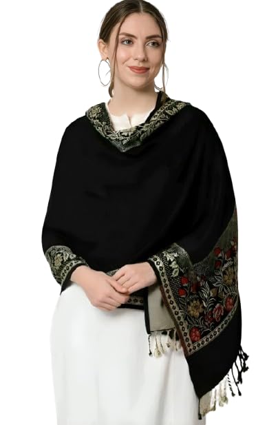 Elegant Winter Shawl/Stole with Floral Border, Maroon Wool Blend, Traditional Design with Tassels(30 * 80)