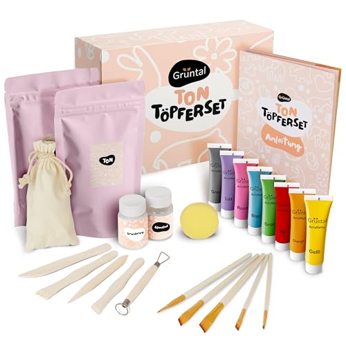 Grüntal Ton Töpferset mit lufttrocknendem Ton - Tonset für Zuhause mit Modellierwerkzeug, Acrylfarben & weiterem Zubehör - Töpfern leicht gemacht, für Erwachsene oder die ganze Familie