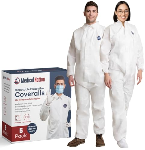 Hazmat Suits Disposable 5 Pack 3XL Non-Hooded Coveralls
