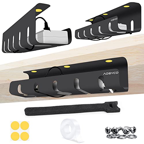 AOSYCO Under Desk Cable Management Tray, Alloy Steel, Perfect for Standing Desk Cord Organizer, No Drill for Under Table and Wire Management, Large Rack, Black Raceway Tray, 15.7in