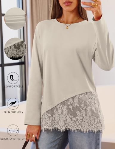 MEROKEETY Women's Long Sleeve Tops Fall Lace Patchwork Shirts, Sand, XL — view 3