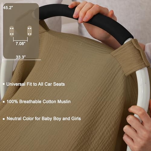 Image of 100% Muslin Cotton Car Seat Cover Baby, Carseat Canopy Cover, Universal Fit Stroller Covers for Boys and Girls (Coffee)