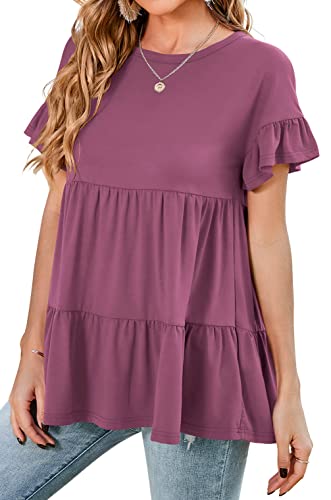 Neineiwu Women's Casual Ruffle Short Sleeve Crewneck Loose Tops Blouses Tunics (X-Large, Mauve Red01) #TOP2