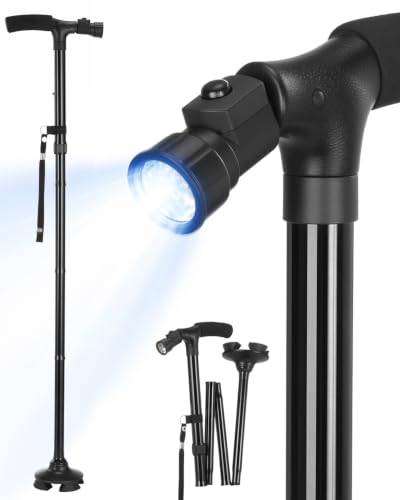 Ohuhu Walking Cane with LED Light, Folding Adjustable Free Standing Cane