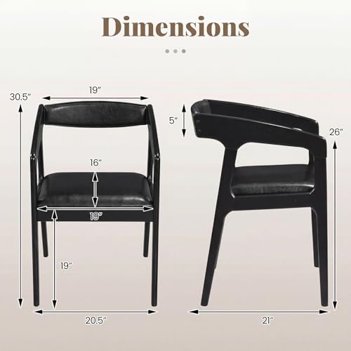 Image of COSTWAY Dining Chairs with Arms Set of 2, Mid Century Modern Wooden Accent Chairs with Faux Leather Seat & Padded Backrest, Kitchen Side Armchairs for Living Dining Reading Room, Black & Black