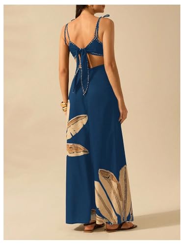 Image of SOLY HUX Women's Summer Maxi Dress Boho Print Tie Shoulder Spaghetti Strap Cut Out Tie Back Cami Dresses Sundress