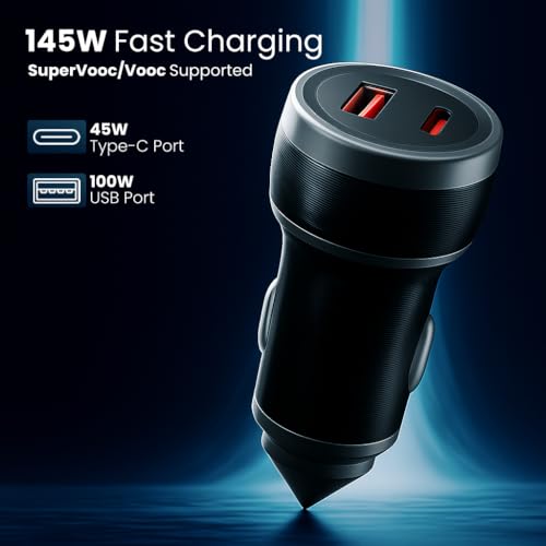 Image of Ailkin 145W Dual Output Car Charger Fast Charging with Type-C PD (45W) & USB(100W), Charging Adapter Compatible with Cars for iPhone 17 /16 /15 & Android Smartphone, Smartwatch, Earbud, Power Bank