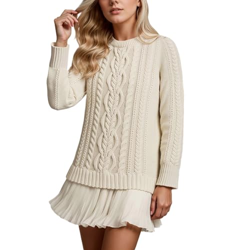 Cable Knit Sweater Dress for Women Crewneck Long Sleeve Pleated Mini Dress 2025 Fall Casual Patchwork Dress