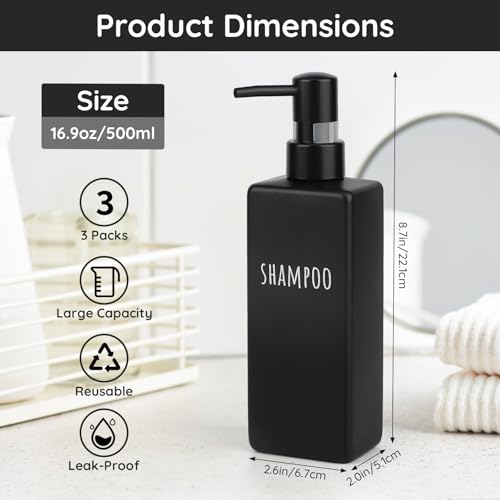 Image of Segbeauty Plastic Shampoo and Conditioner Dispenser, 3pcs 16.9oz Refillable Lotion Soap Dispenser, 500ml Black Shampoo Bottles, Empty Shower Pump Dispenser Lotion Container for Modern Bathroom Hotel